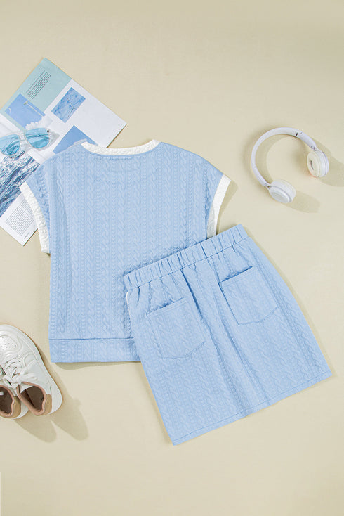 Casual Chic Textured Knit Contrast Trim Crewneck Tee And Pocketed Skirt Set